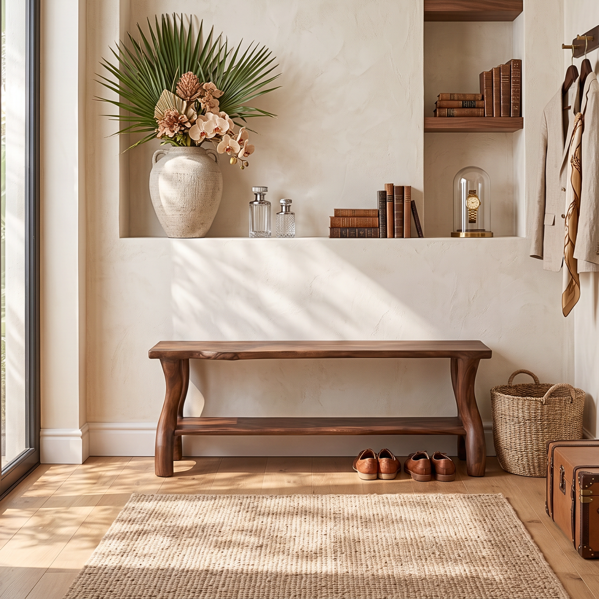 Handcrafted Solid Wood Shoe Bench with Organic Legs and Open Storage Shelf