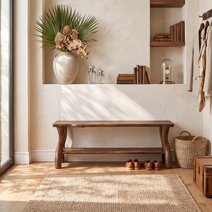 Handcrafted Solid Wood Shoe Bench with Organic Legs and Open Storage Shelf
