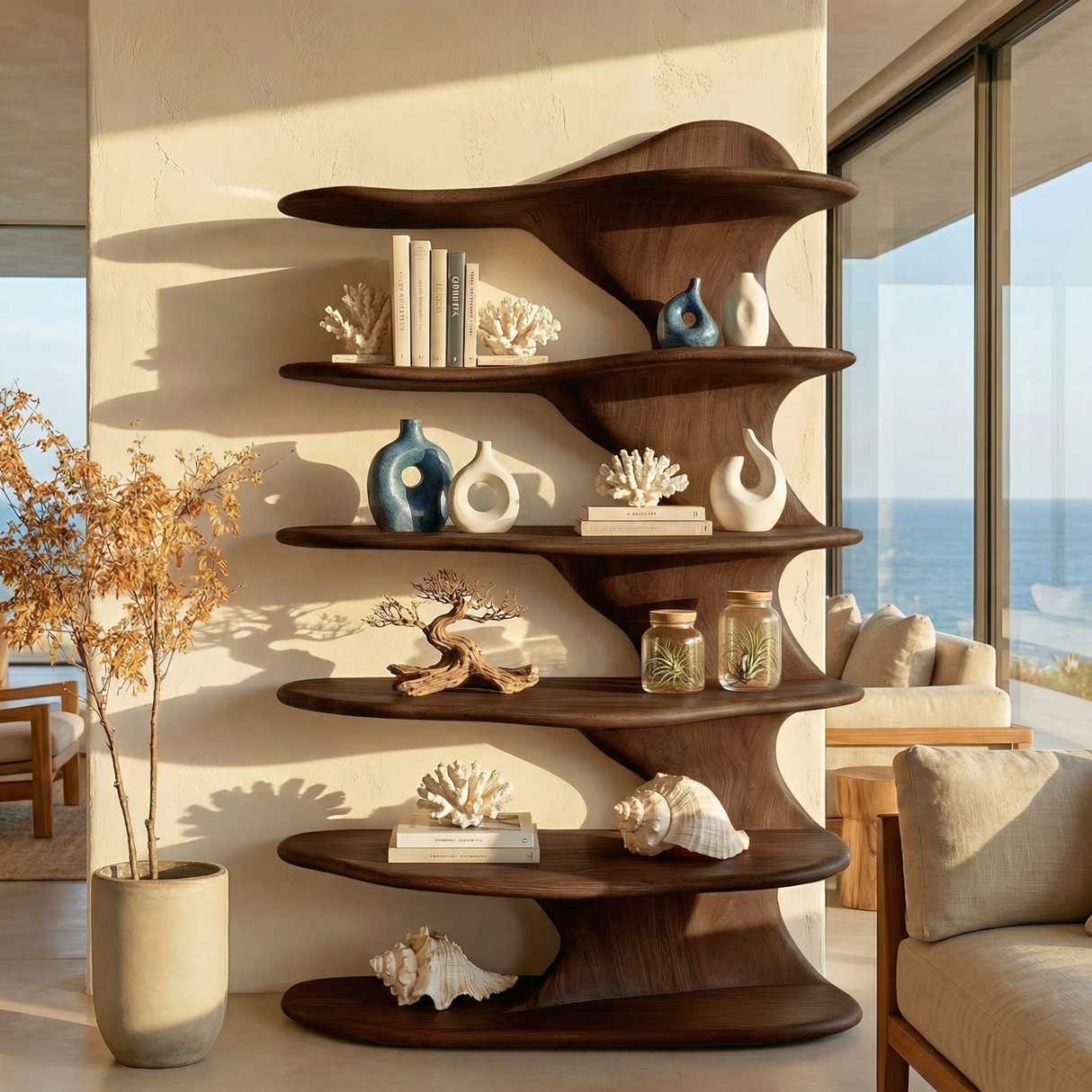 Organic Curved Solid Wood Bookshelf for Minimalist Interiors
