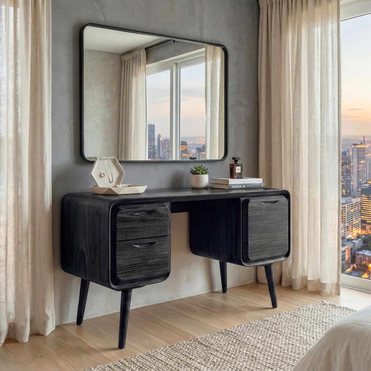 Rounded Solid Wood Vanity Table with Dual Side Drawers, Modern Dressing Table for Bedroom