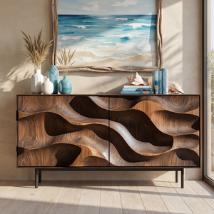Sculpted Wave Front Solid Wood Sideboard Cabinet