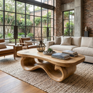 Modern Solid Wood Coffee Table with Sculptural Wave Base and Rounded Top