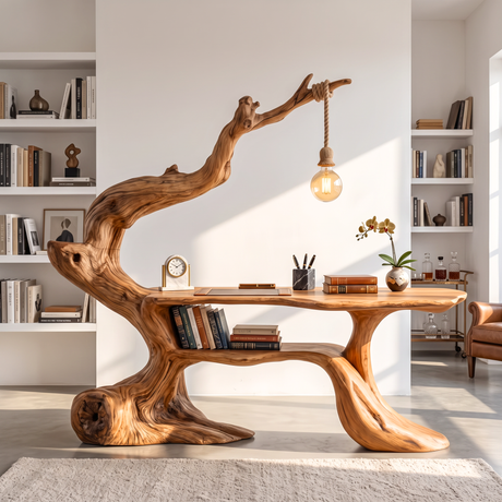 Handcrafted Sculptural Wood Desk with Hanging Light, Tree Inspired Writing Table, Artistic Statement Workspace