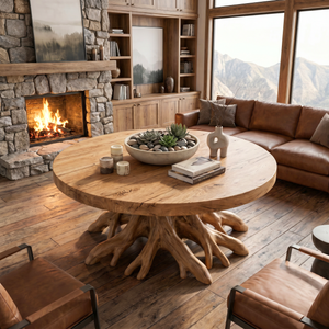 Round Solid Wood Coffee Table with Sculptural Root Base