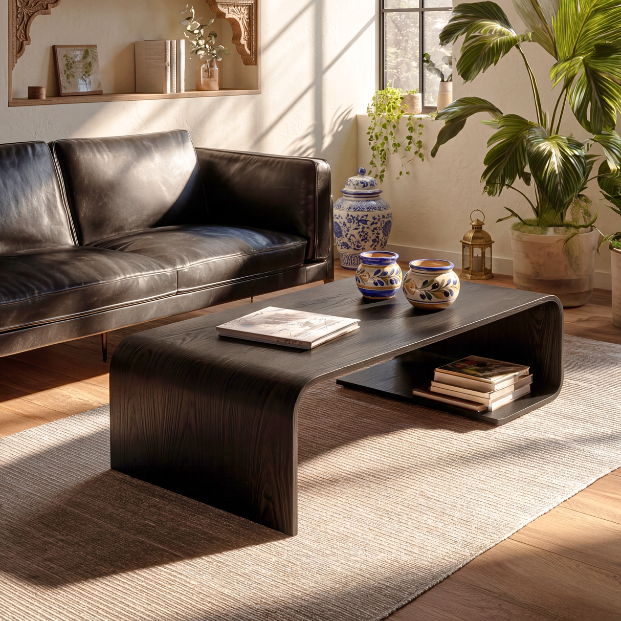 Solid Wood Coffee Table with Curved Waterfall Frame and Shelf