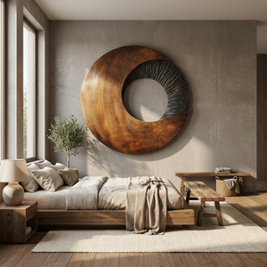 Solid Wood Oval Ring Wall Art with Radial Black Texture and Warm Grain Sweep