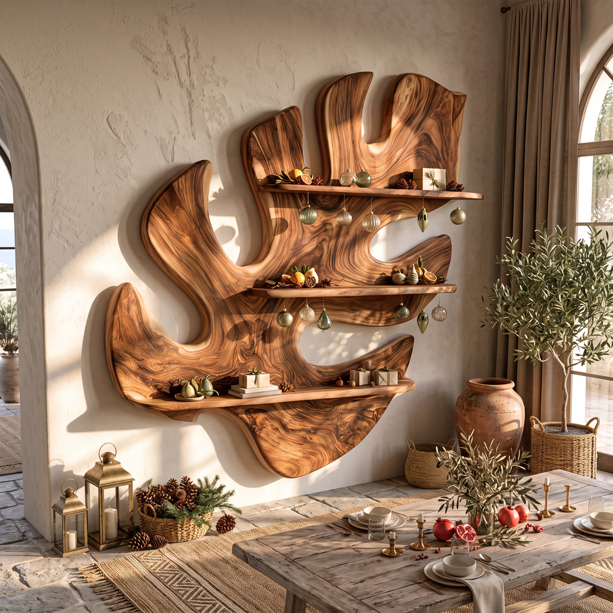 Tropical Leaf Solid Wood Wall Shelf for Nature Inspired Living Room Decor