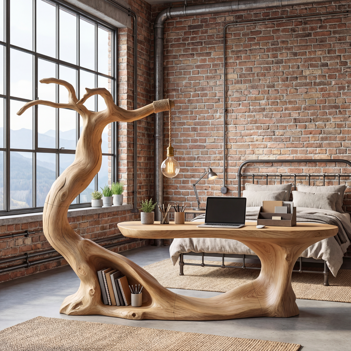Sculptural Solid Wood Desk with Integrated Hanging Lamp and Open Shelf, Organic Writing Table, Artistic Reading Workspace