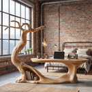 Sculptural Solid Wood Desk with Integrated Hanging Lamp and Open Shelf, Organic Writing Table, Artistic Reading Workspace