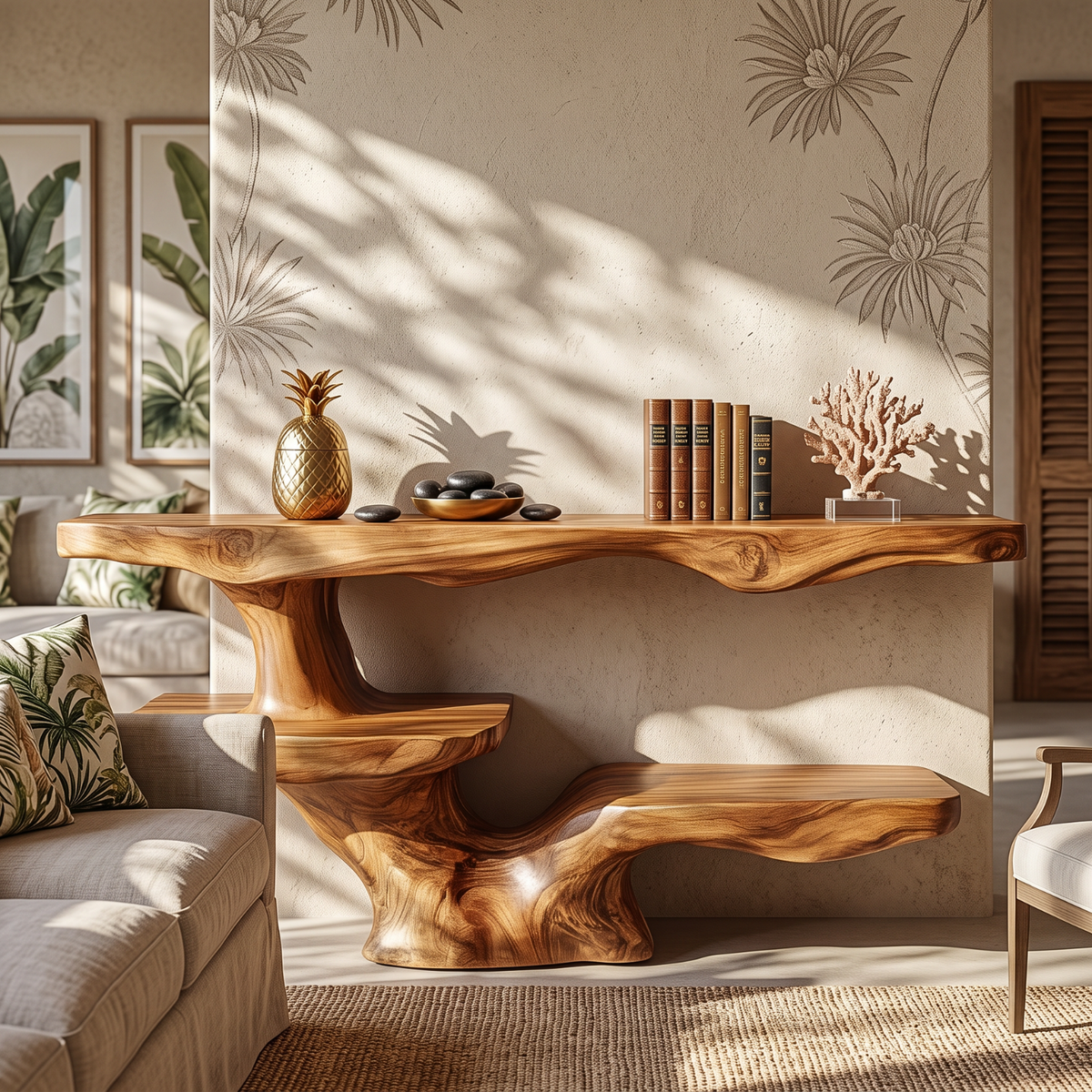 Solid Wood Console Table with Asymmetrical Floating Shelves and Sculptural Trunk Base