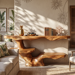 Solid Wood Console Table with Asymmetrical Floating Shelves and Sculptural Trunk Base