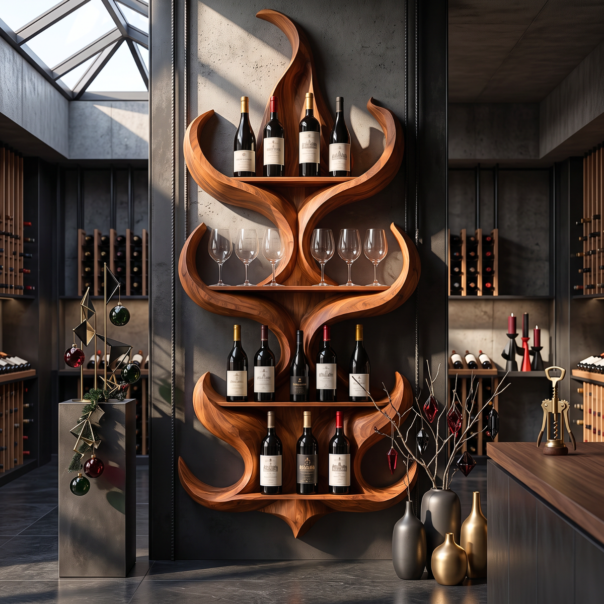 Flame Silhouette Solid Wood Wall Wine Rack with Four Display Tiers