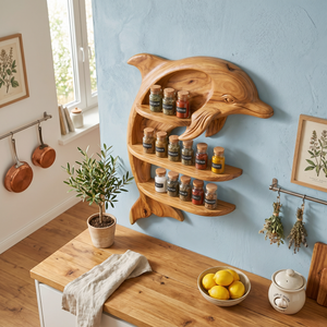 Handcrafted Dolphin Spice Rack with Three-Tier Solid Wood Wall Shelf Design