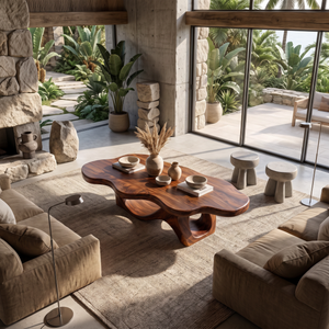 Coffee Table Solid Wood with Sculptural Double Loop Base for Living Room