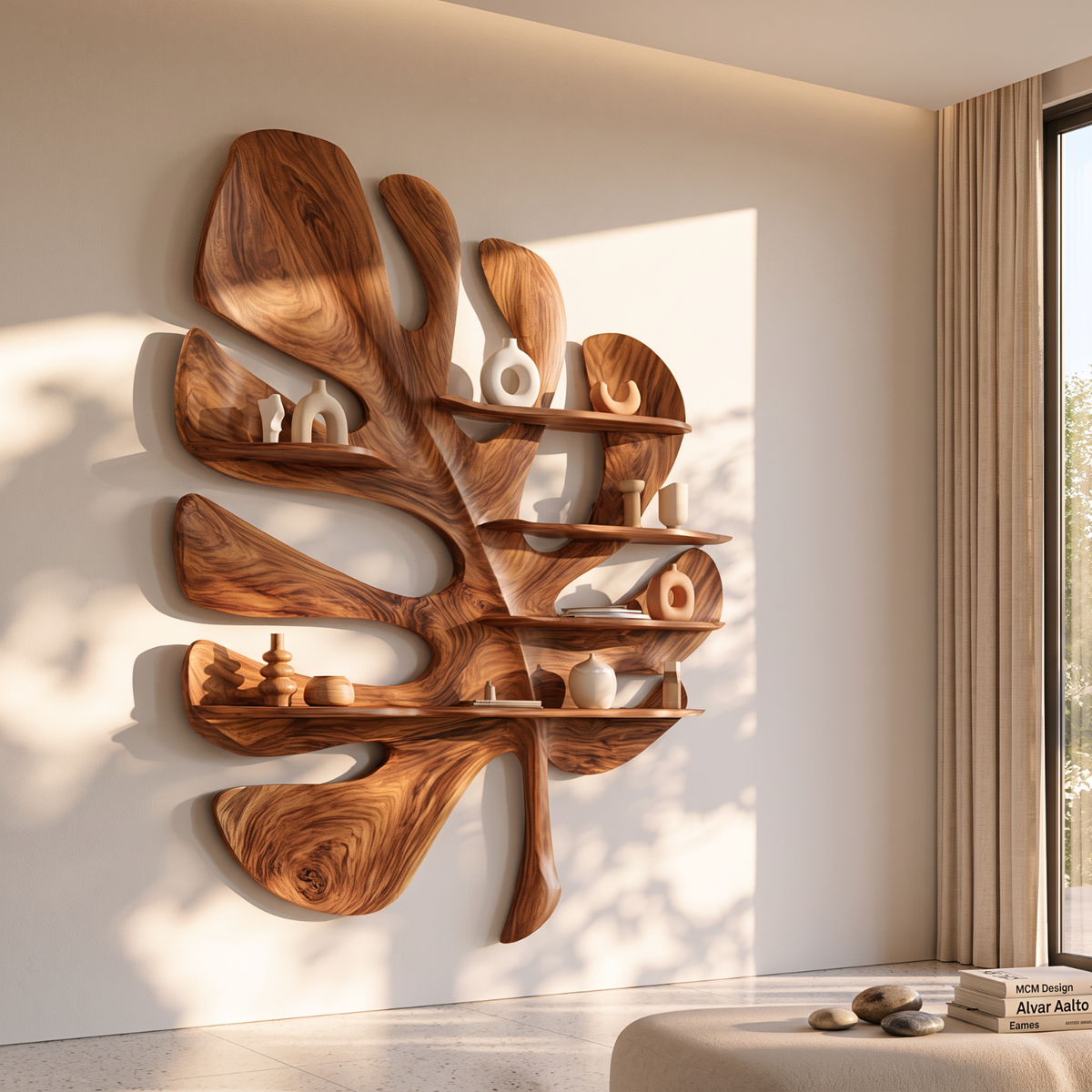Solid Wood Tropical Leaf Wall Sculpture with Integrated Display Shelves for Living Room Decor