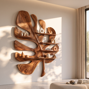 Solid Wood Tropical Leaf Wall Sculpture with Integrated Display Shelves for Living Room Decor