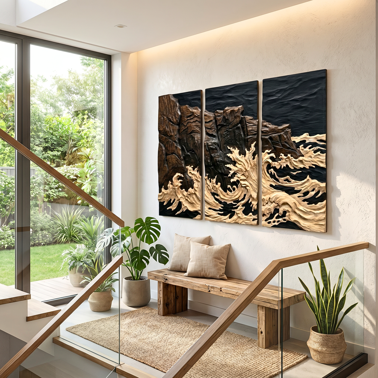 Hand-Carved Wood Triptych Wall Art with Ocean Wave Relief and Rocky Coast Design