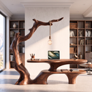 Sculptural Work Desk Tree Inspired Design with Hanging Lamp Organic Modern Workspace Table