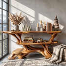 Handcrafted Solid Wood Console Table with Branching Frame and Tiered Shelves