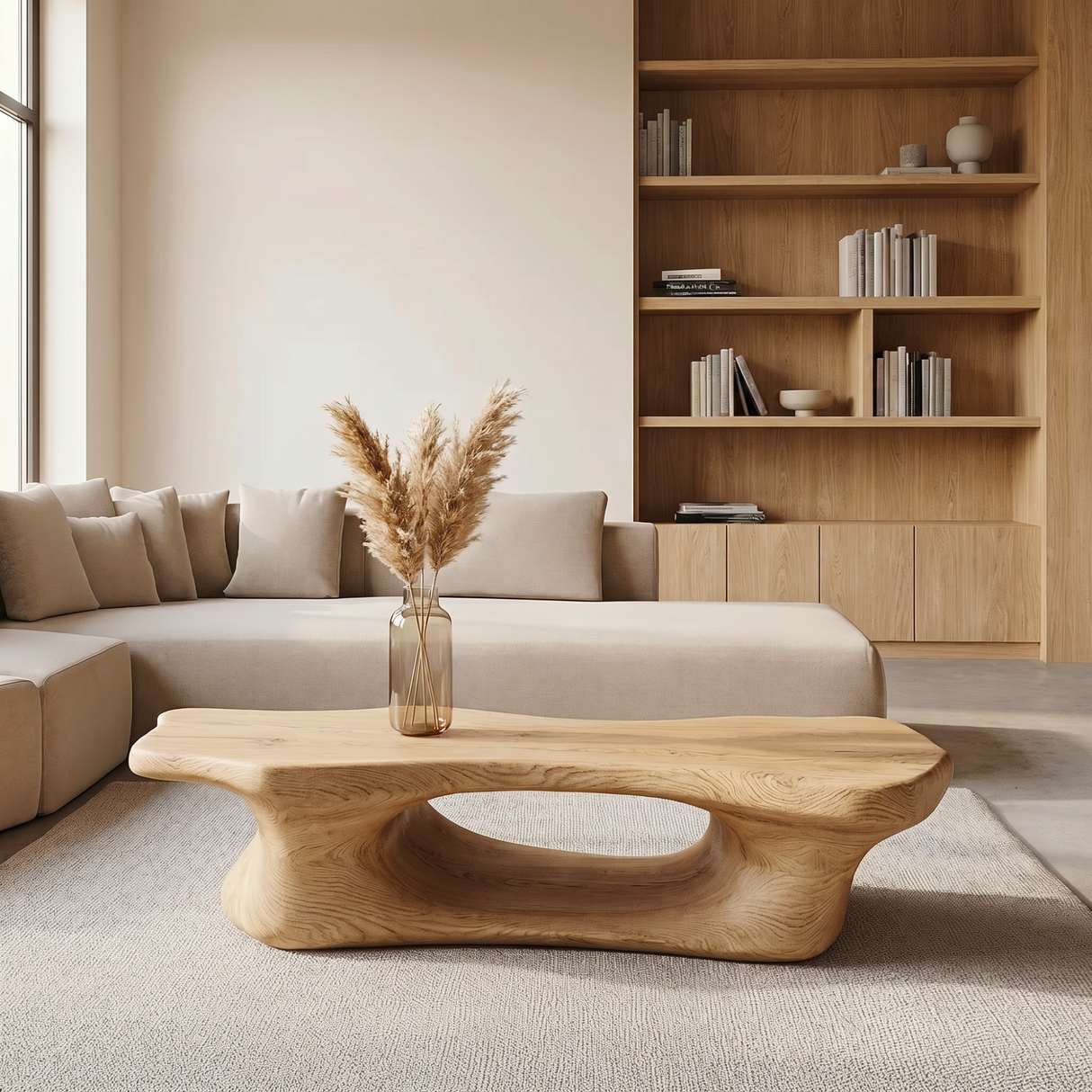 Coffee Table Solid Wood with Long Arched Hollow Base for Living Room