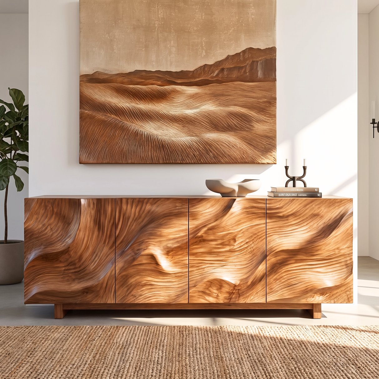 Sideboard Solid Wood with Sculptural Sand Dune Relief Doors