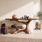 Handcrafted Solid Wood Console Table with Sculptural Branch Base and Floating Shelf
