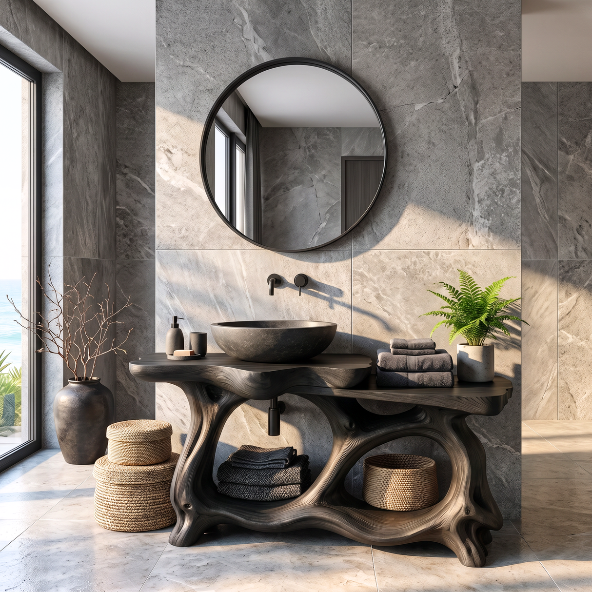 Bathroom Vanity Solid Wood with Sculptural Double Arch Base