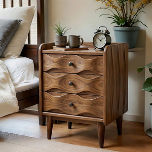 Handcrafted Solid Wood Bedside Table with Sculpted Drawers