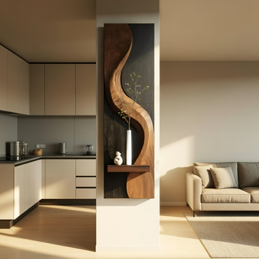 Sculptural Solid Wood Wall Panel with Display Shelf