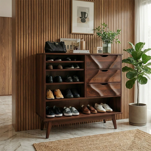 Solid Wood Entryway Shoe Cabinet with Drawers and Open Shelves Mid-Century Storage Organizer