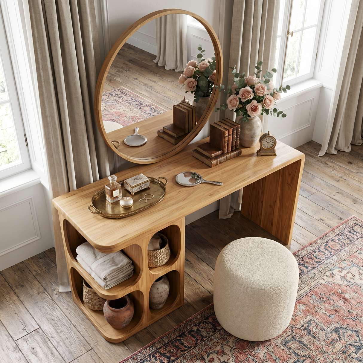 Organic Solid Wood Vanity Desk with Rounded Cubby Storage and Waterfall Panel
