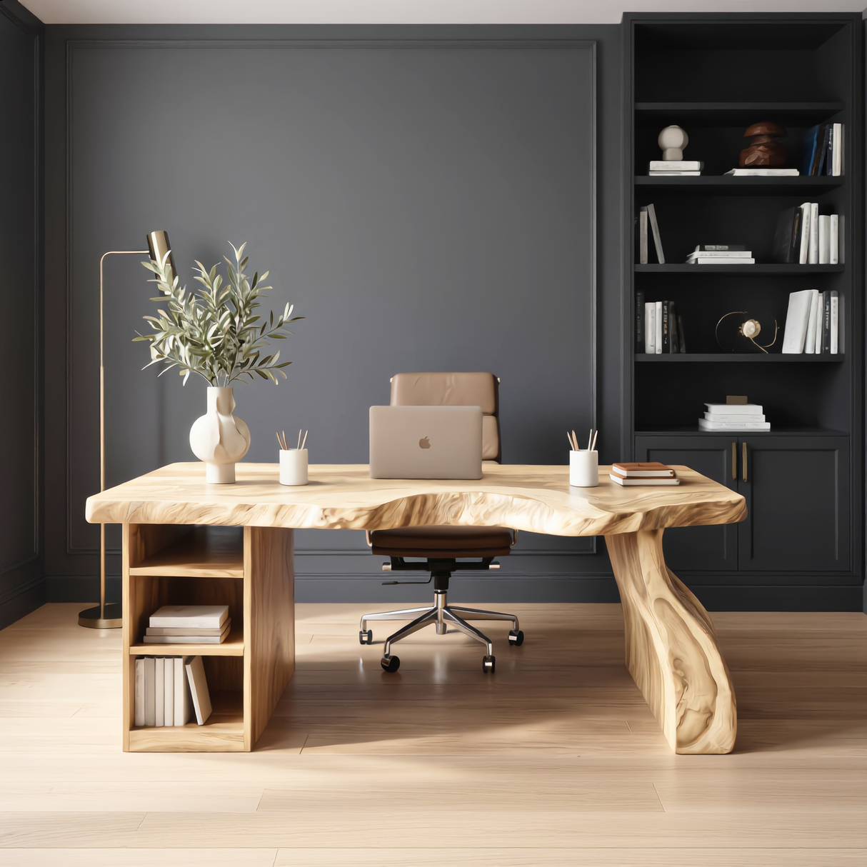 Solid Wood Executive Desk with Sculptural Panel Legs and Open Shelf