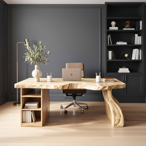 Solid Wood Executive Desk with Sculptural Panel Legs and Open Shelf