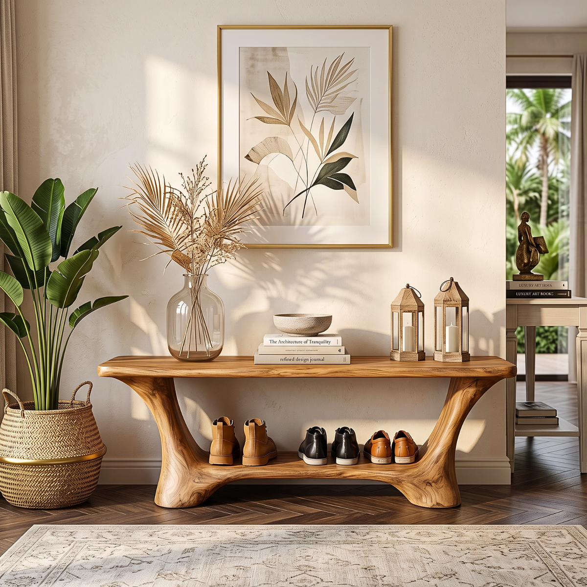 Handcrafted Solid Wood Shoe Bench with Open Storage Shelf