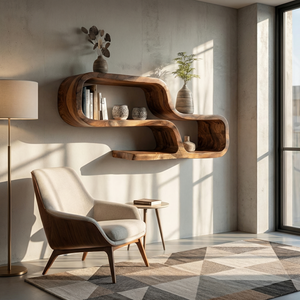 Organic Solid Wood Curved Floating Shelf for Living Room