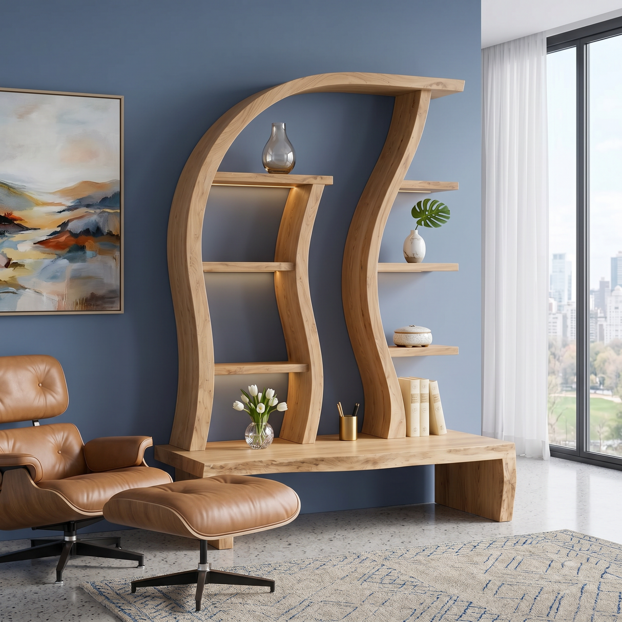 Organic Solid Wood Display Shelf with Curved Frame and Console Base