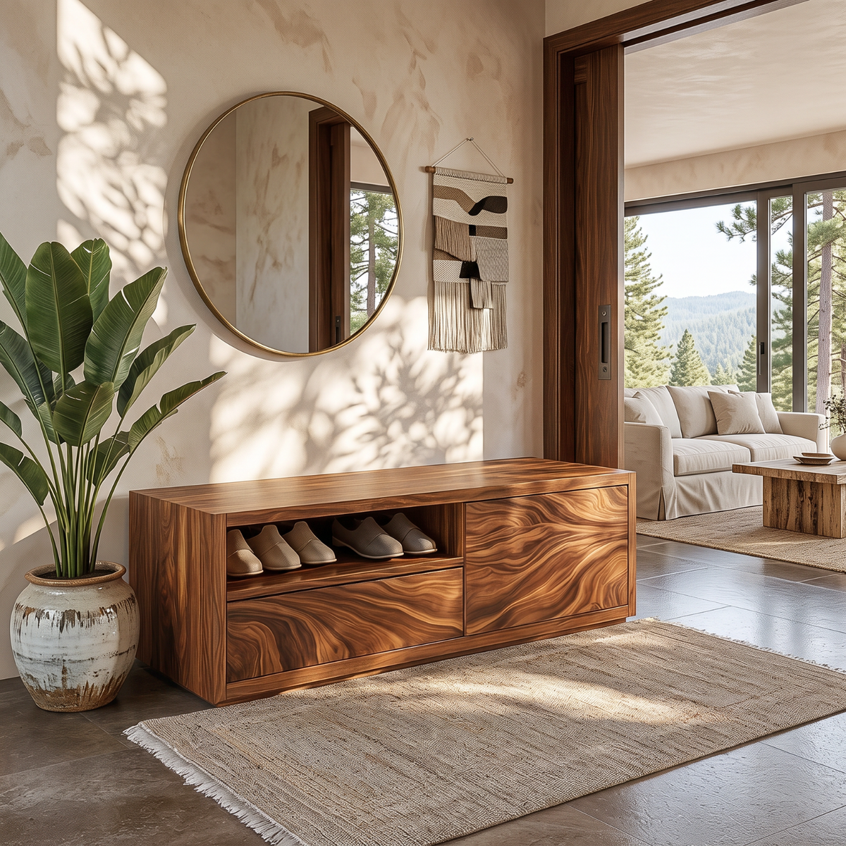Shoe Cabinet Solid Wood with Open Display Shelf and Enclosed Storage