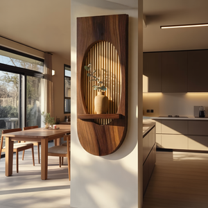Oval Solid Wood Wall Panel with Slatted Backdrop & Floating Shelf