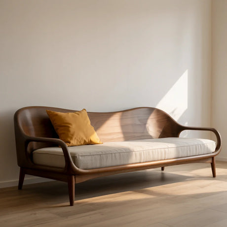 Mid-Century Modern Solid Wood Sofa Curved Scandinavian Wooden Frame Couch with Upholstered Cushion