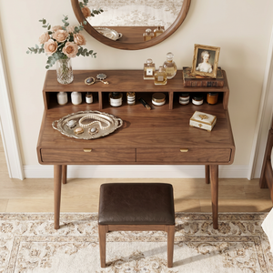 Mid-Century Solid Wood Vanity Desk with Open Hutch Shelf and Dual Drawer Storage