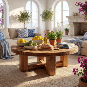 Round Wood Coffee Table with Chunky Cross Base
