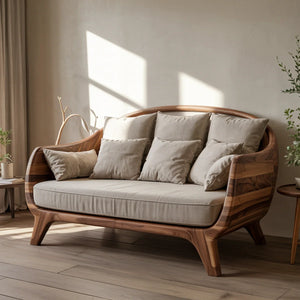 Luxury Curved Solid Wood Sofa Sculptural Scandinavian Style Upholstered Couch