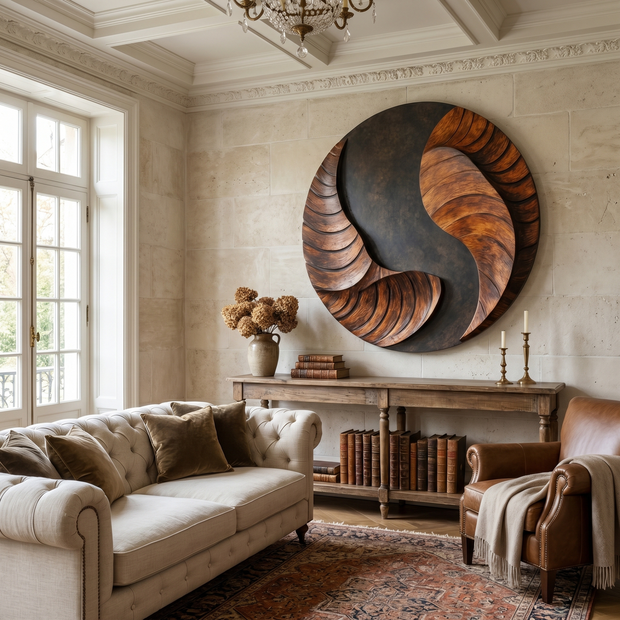 Handcrafted Round Wood Wall Sculpture with Layered Spiral Relief and Dark Center Flow