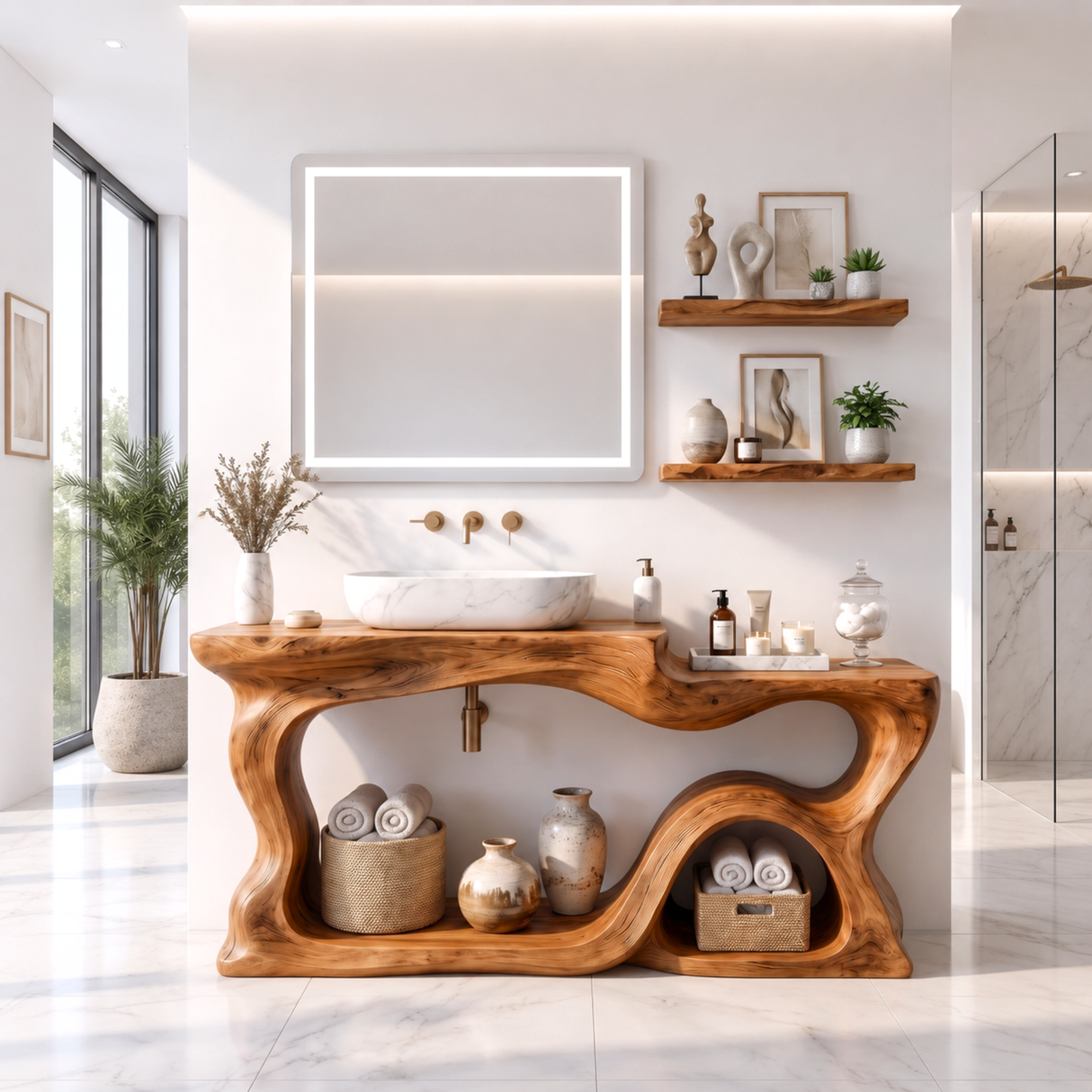 Bathroom Vanity Solid Wood with Sculptural Wave Frame and Open Storage
