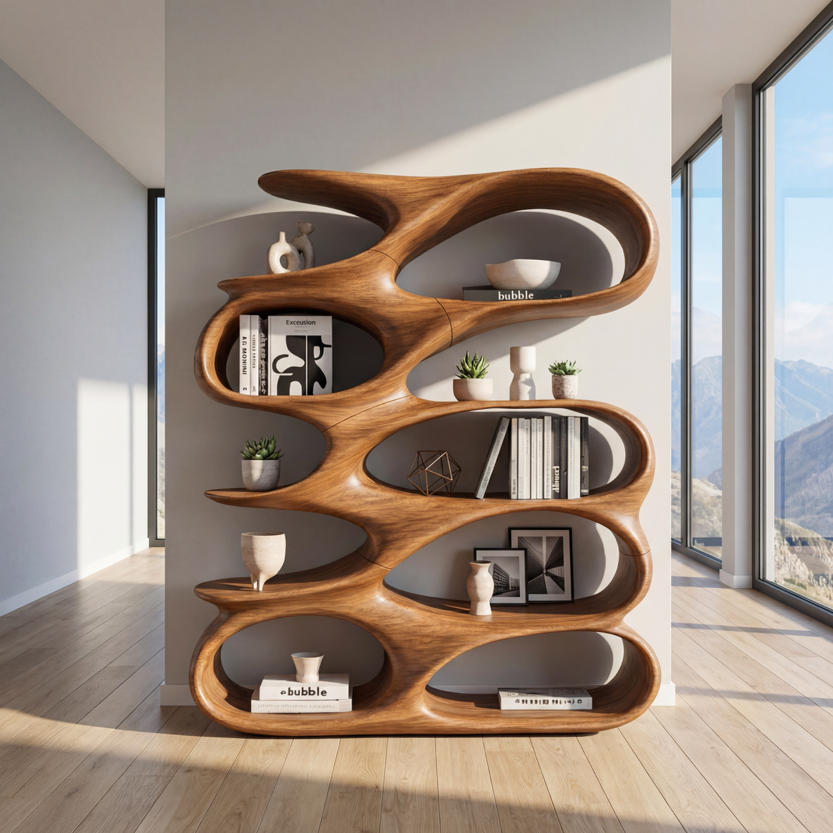 Abstract Loop Wood Display Shelf with Flowing Open Compartments