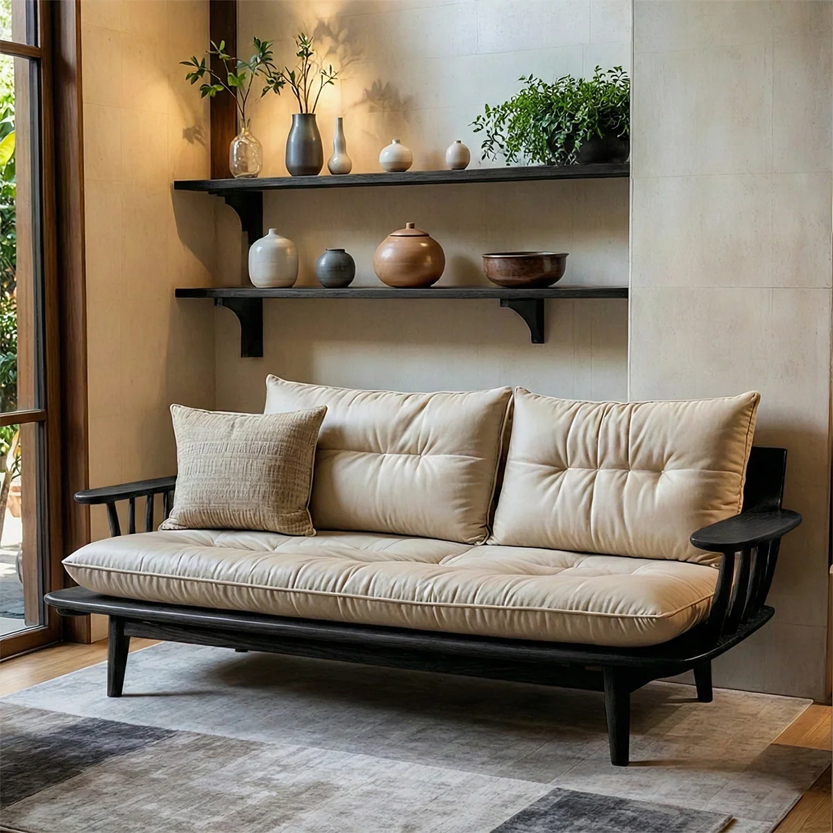 Scandinavian Solid Wood Sofa Japandi Style Minimalist Upholstered Living Room Couch