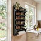 Solid Wood Wall Mounted Spice Organizer with Curved Shelves and Paper Towel Bar