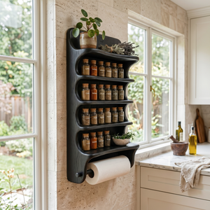 Solid Wood Wall Mounted Spice Organizer with Curved Shelves and Paper Towel Bar
