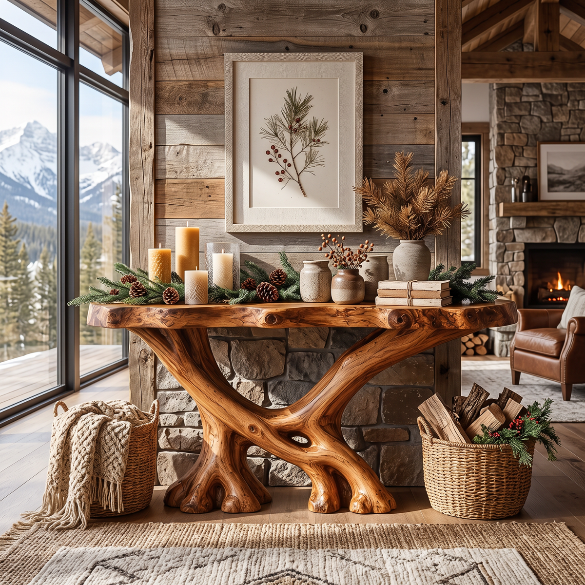 Rustic Solid Wood Console Table with Sculptural Crossed Branch Base