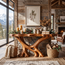 Rustic Solid Wood Console Table with Sculptural Crossed Branch Base